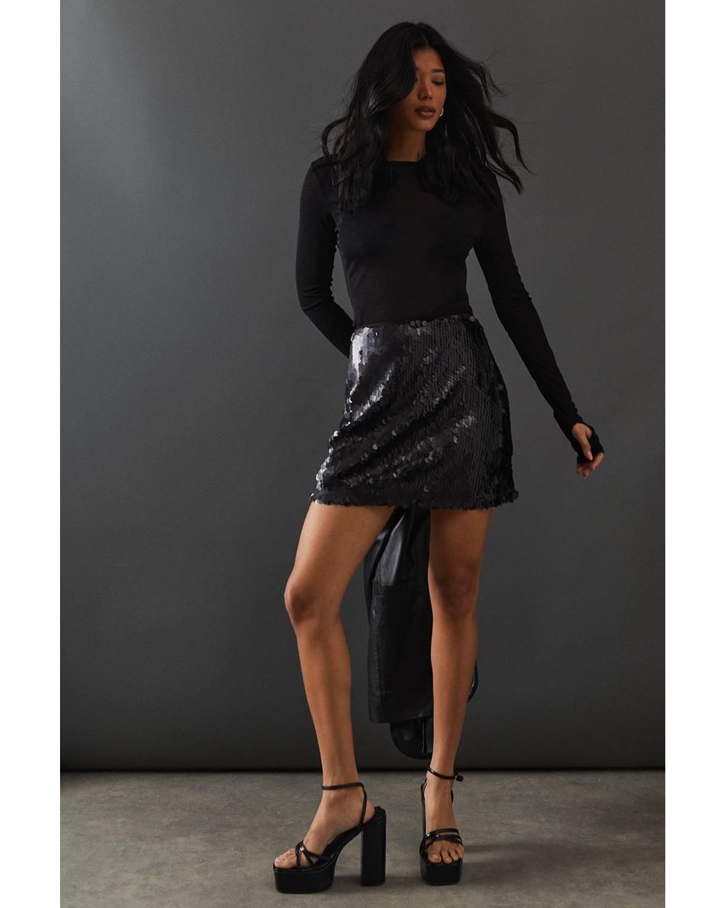 Warehouse Black Matte Sequin Mini Skirt