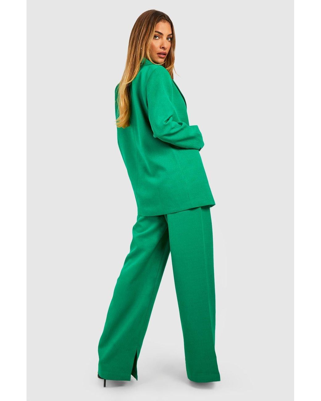 Boohoo Textured Wide Leg Tailored Trousers in Green