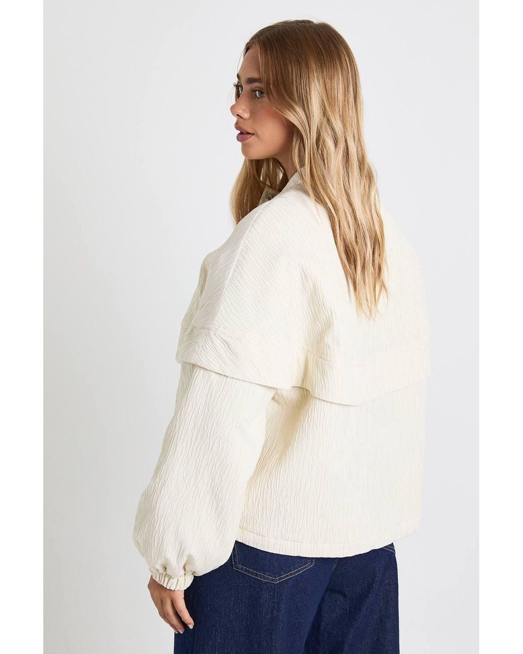 Boohoo White Textured Collarless Bomber Jacket