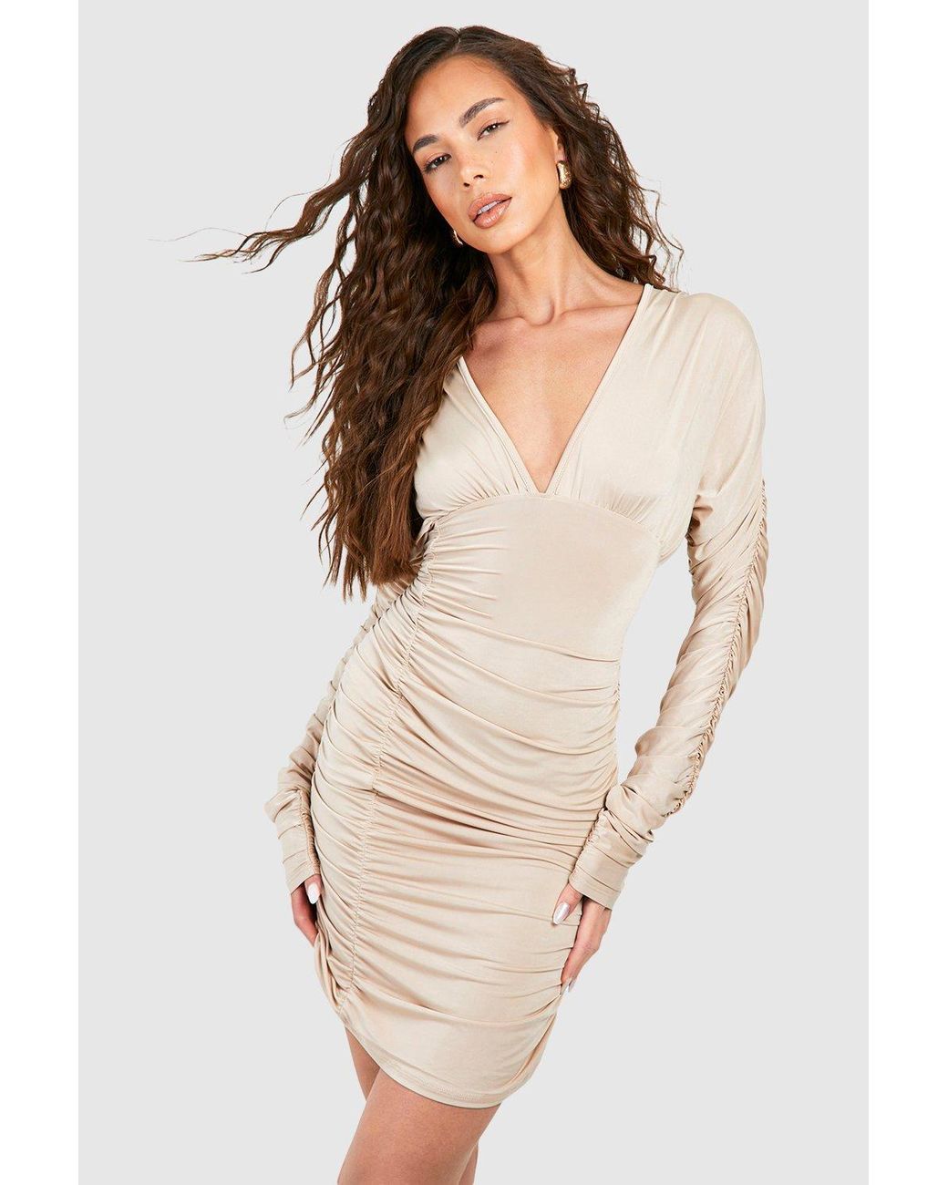 Boohoo Slinky Ruched Plunge Mini Dress in Natural
