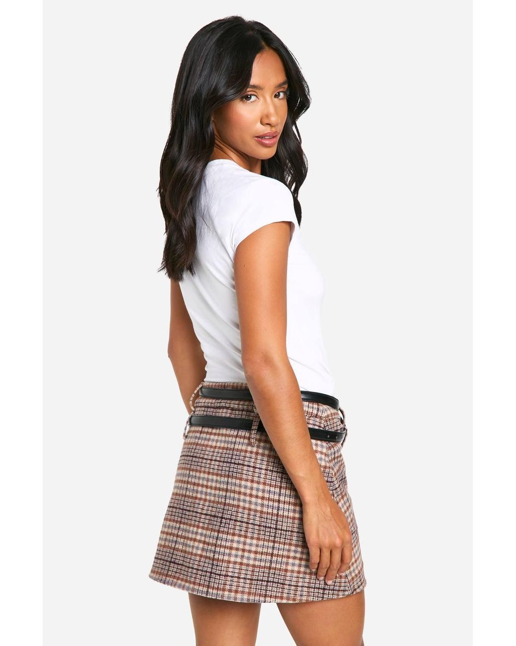 Micro Looks Boohoo Petite Flannel Wool Look Micro Mini Skirt in Natural | Lyst