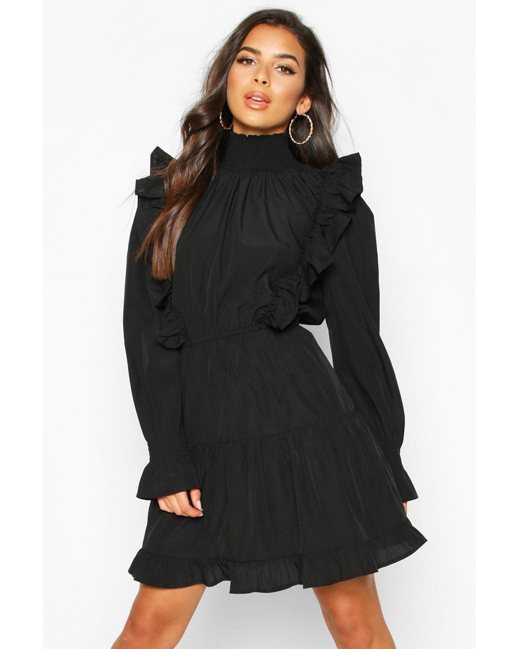 high neck ruffle dress