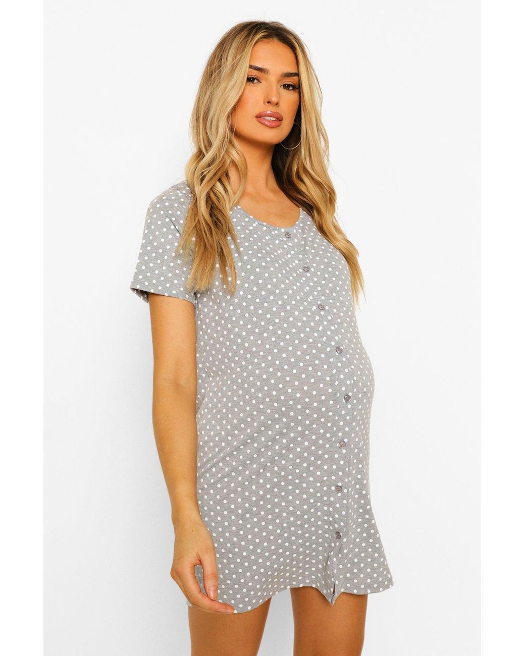 Boohoo Maternity Polka Dot Button Front Nightie in Grey (Gray) - Lyst