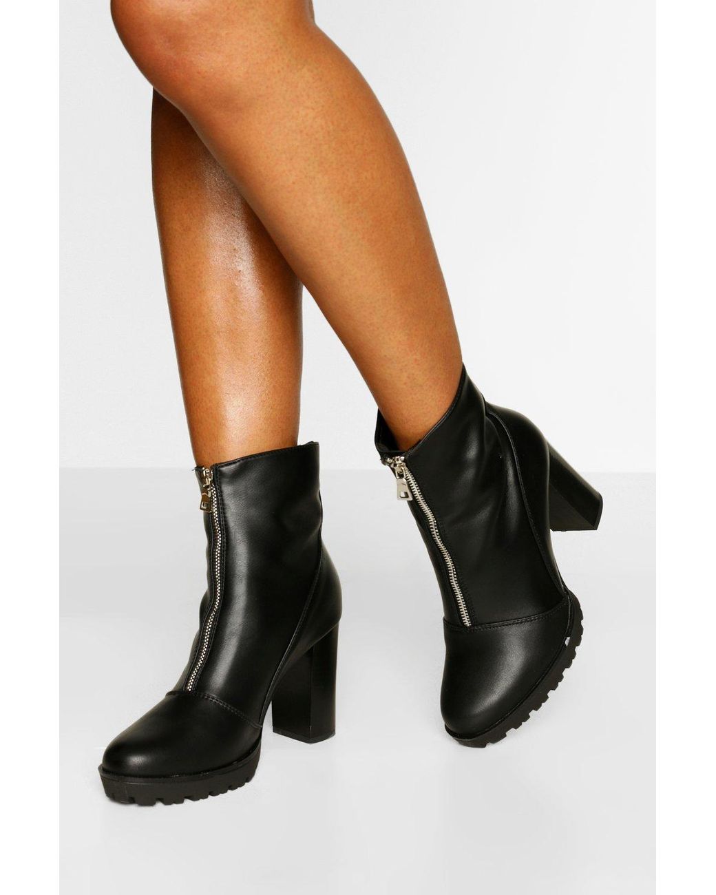 Boohoo Zip Front Block Heel Biker Boot in Black Lyst