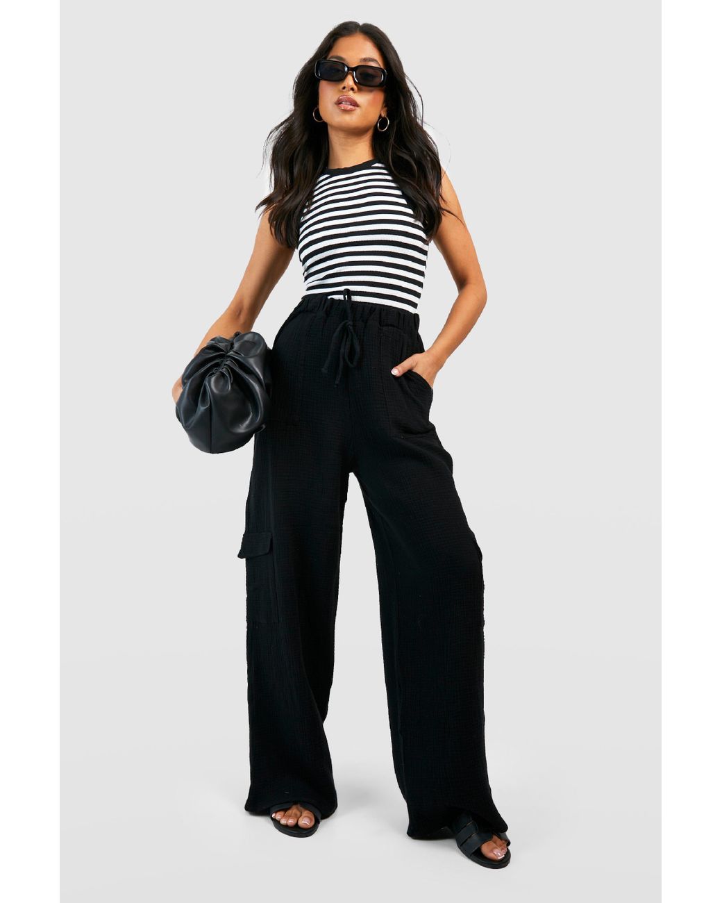 Boohoo Petite Cotton Crinkle Relaxed Fit Cargo Pants in Blue | Lyst