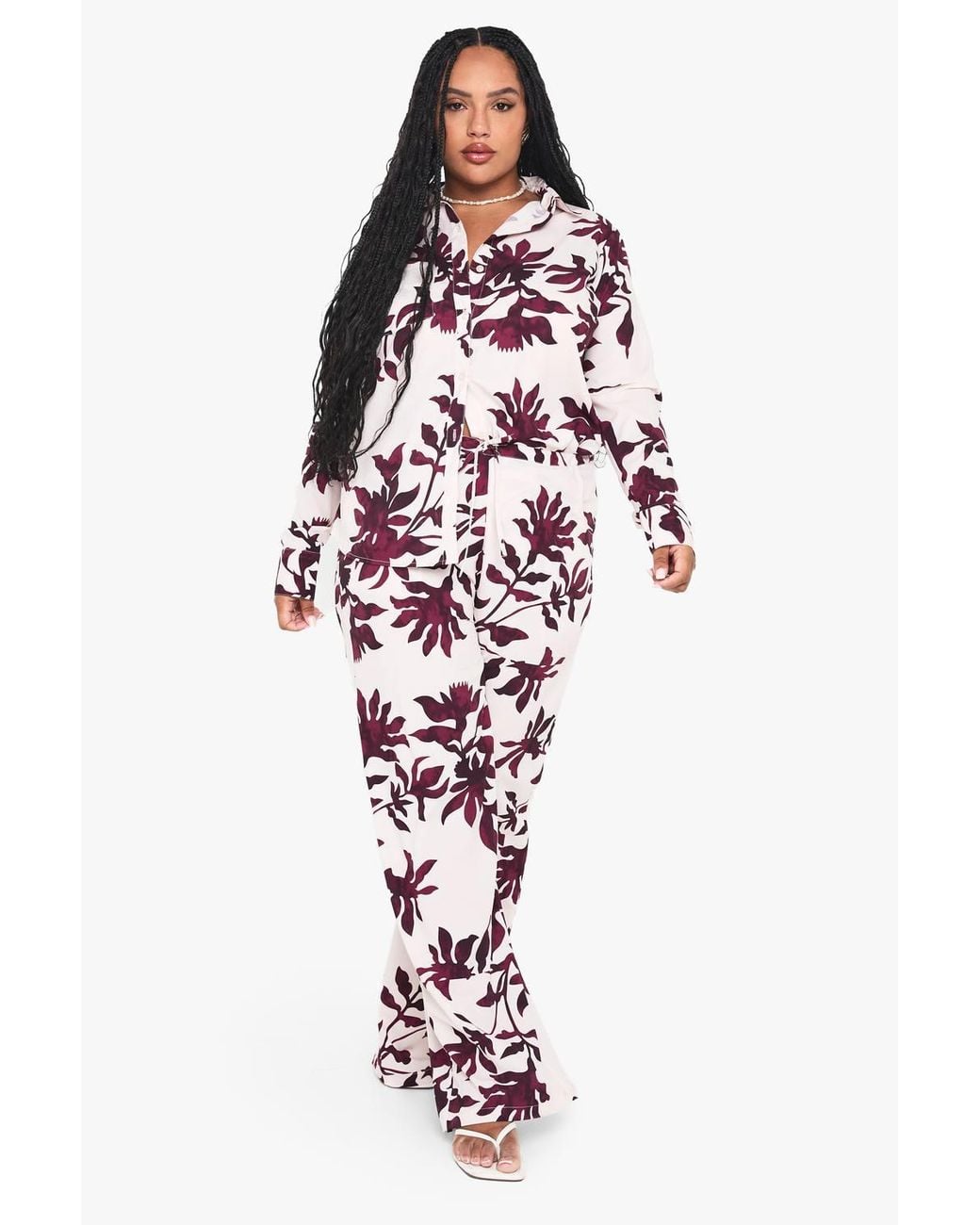 Boohoo Red Plus Basic Woven Large Floral Drawstring Wide Leg Trouser