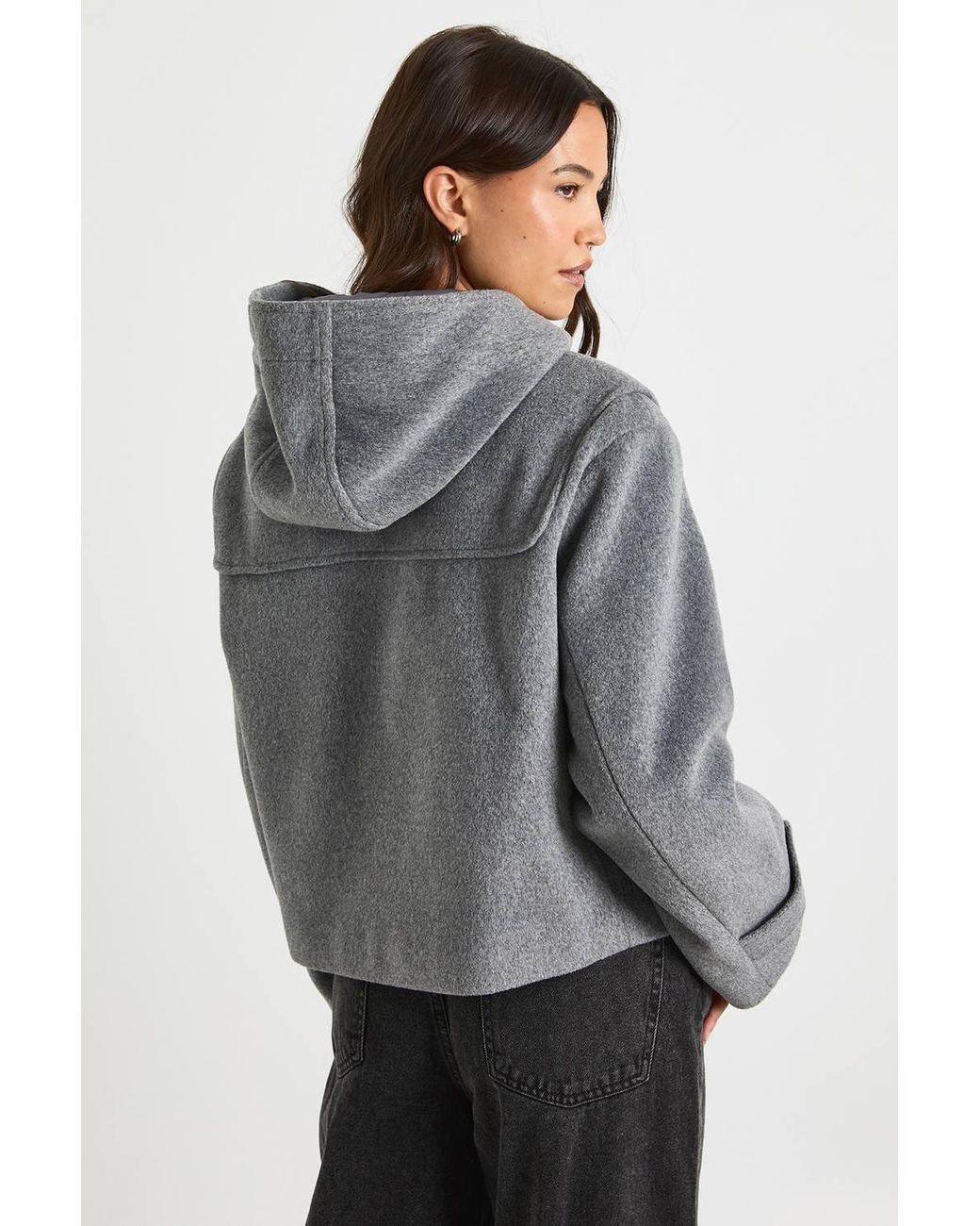 Boohoo Gray Hooded Toggle Wool Look Jacket