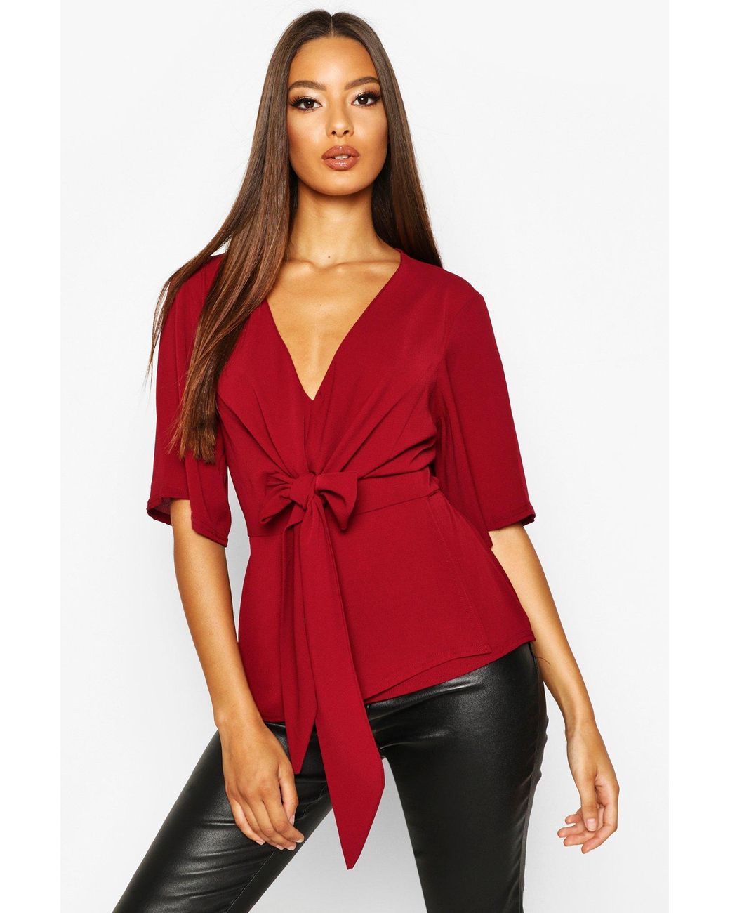 Boohoo Womens Knot Front Woven Blouse in Red Lyst