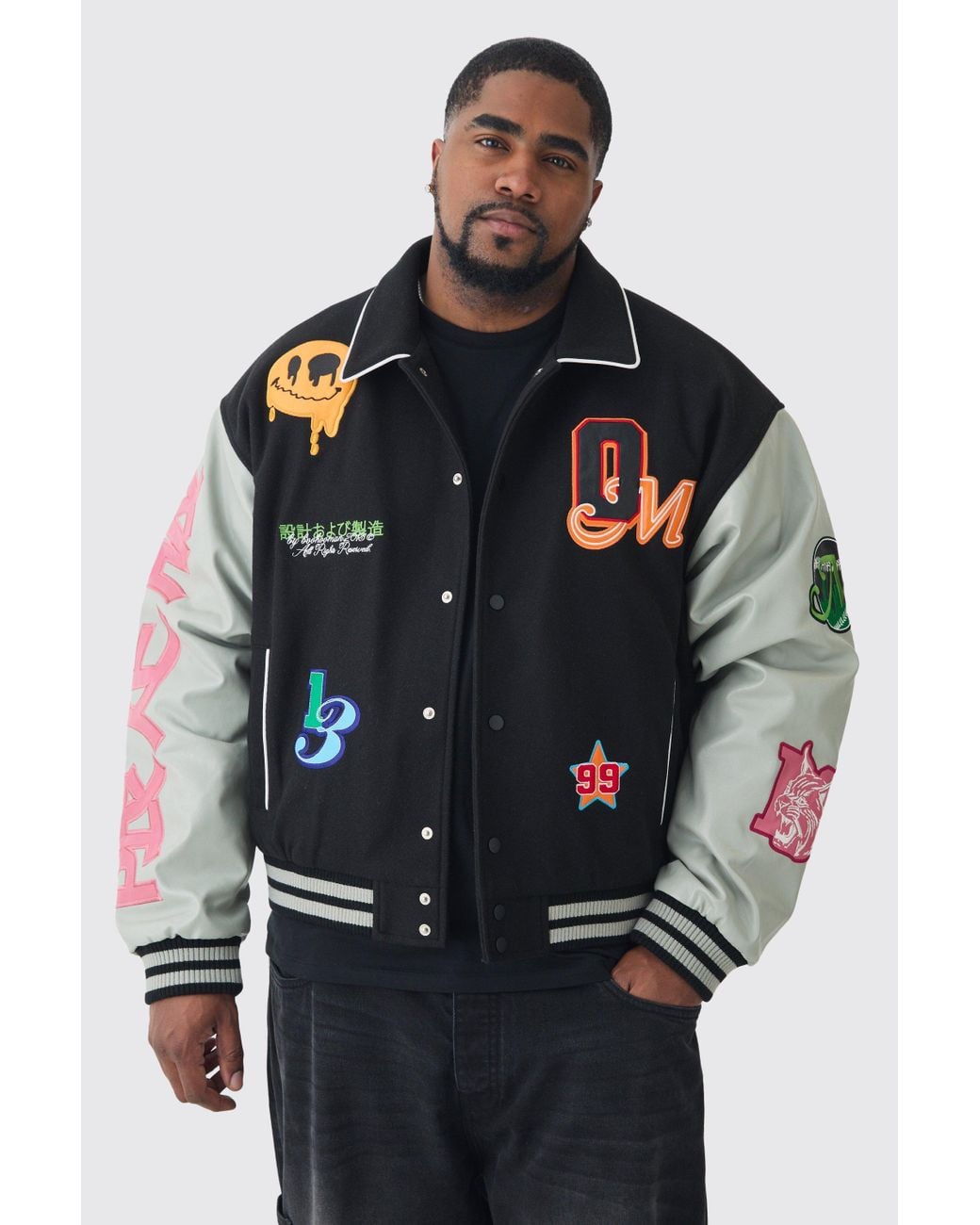 BoohooMAN Plus Boxy Melton Pu Varsity Badge Jacket in Black for Men | Lyst