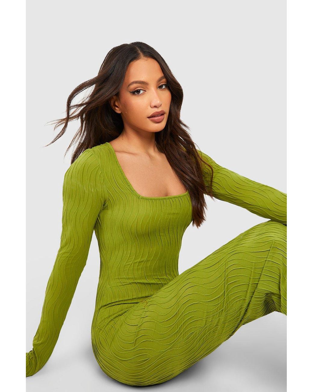 Boohoo Tall Wavy Texture Square Neck Midaxi Dress in Green | Lyst