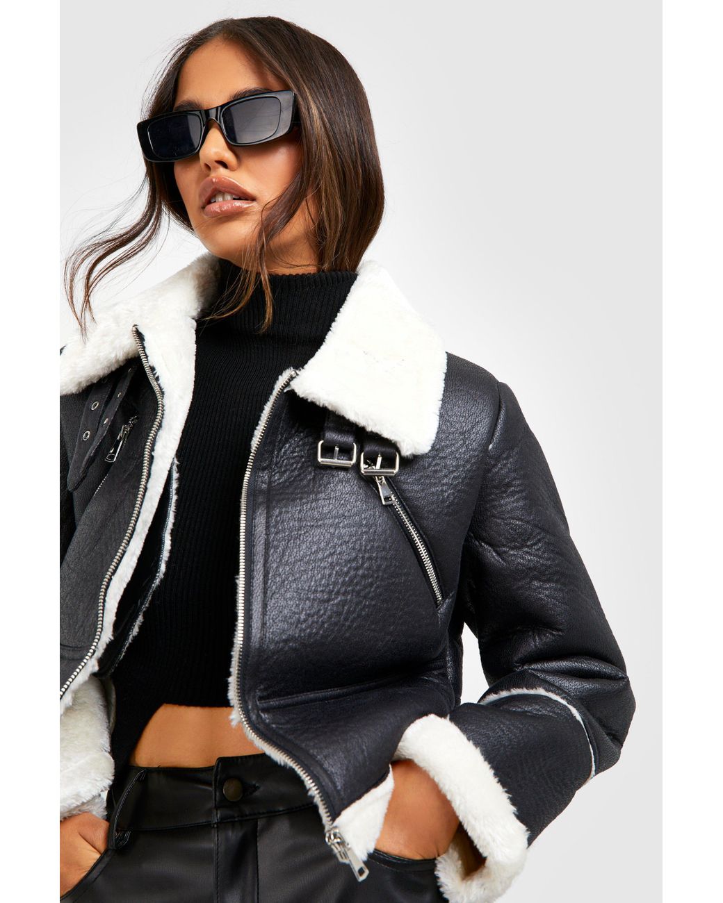 Boohoo Cropped Aviator Jacket in Black 