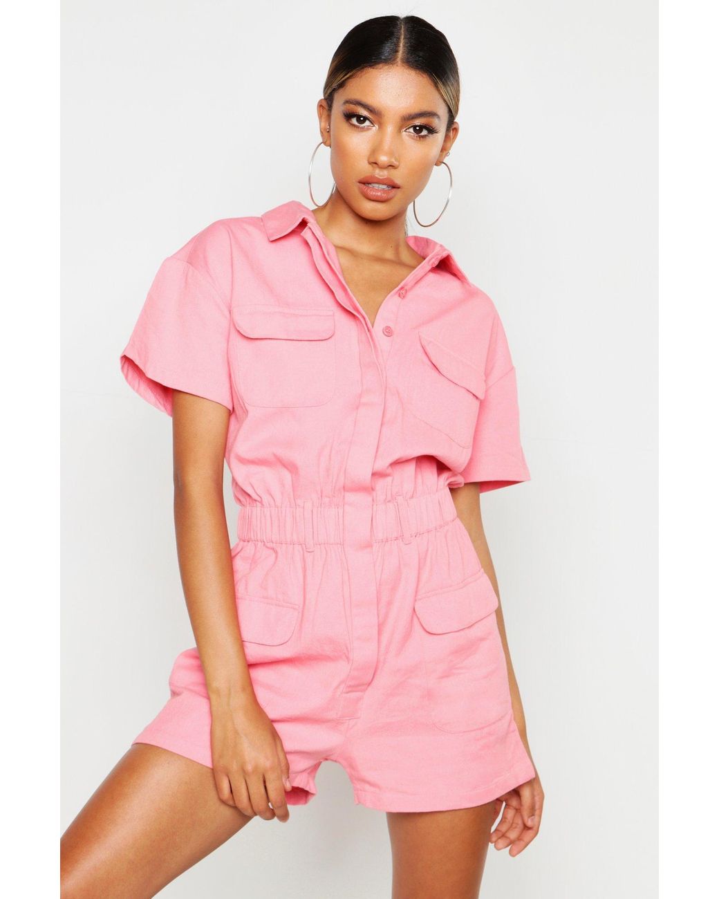 pink denim romper