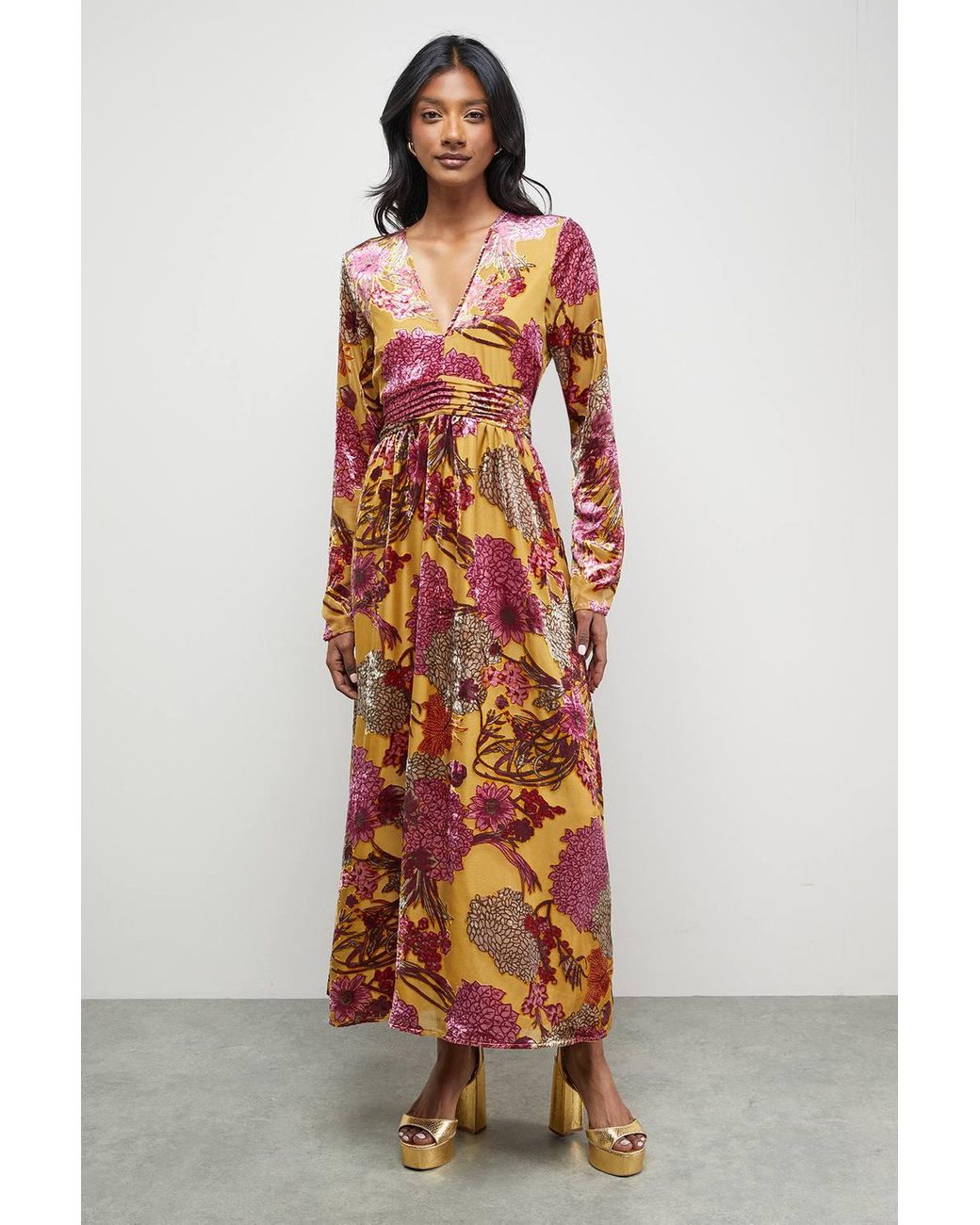 Warehouse Yellow Burnout Velvet Plunge Neck Waisted Midi Dress