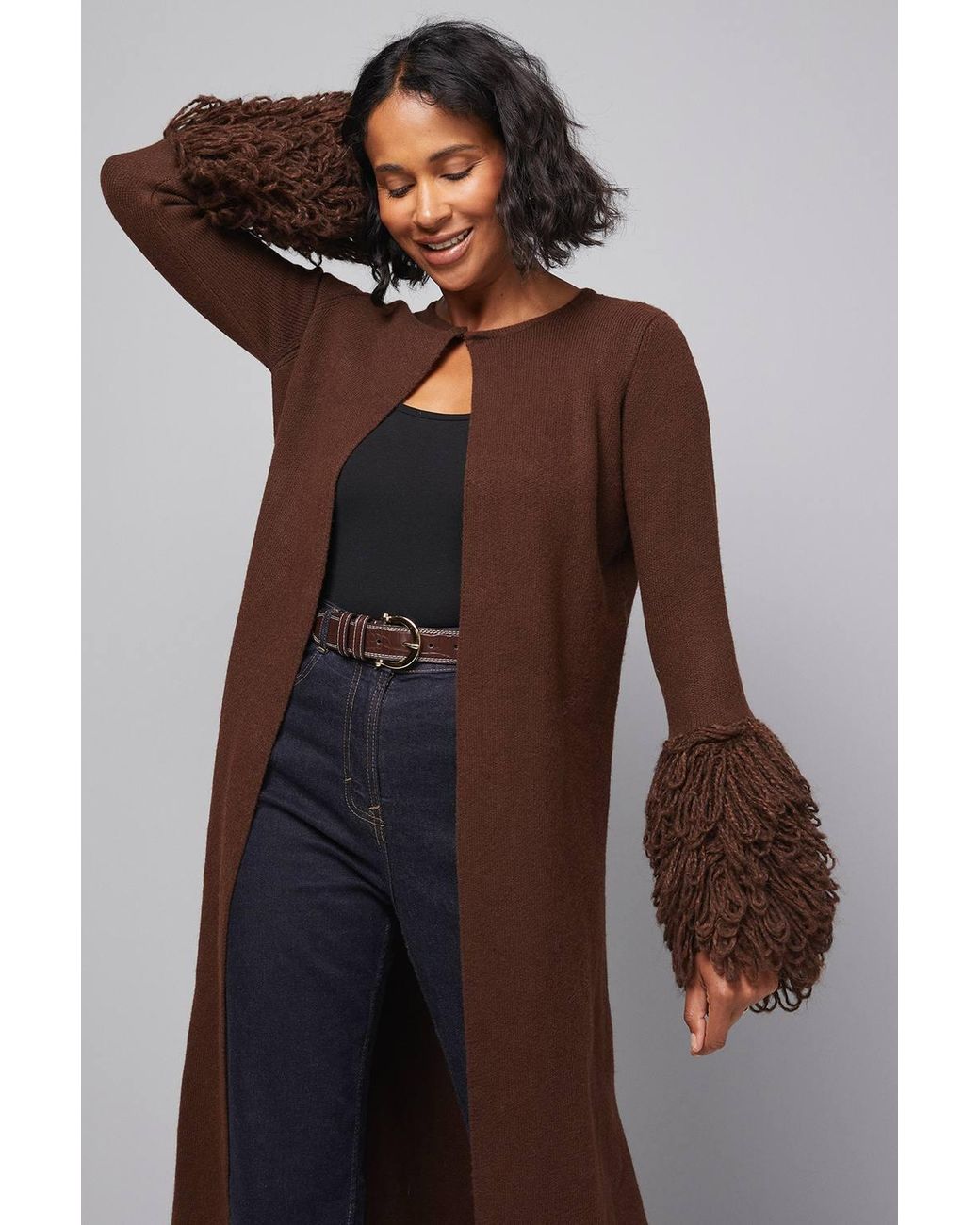 Wallis Brown Loop Knit Cuff Coatigan
