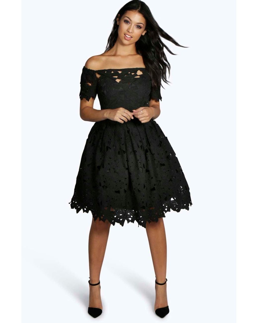 Boohoo Boutique Off Shoulder Lace Skater Dress in Black | Lyst