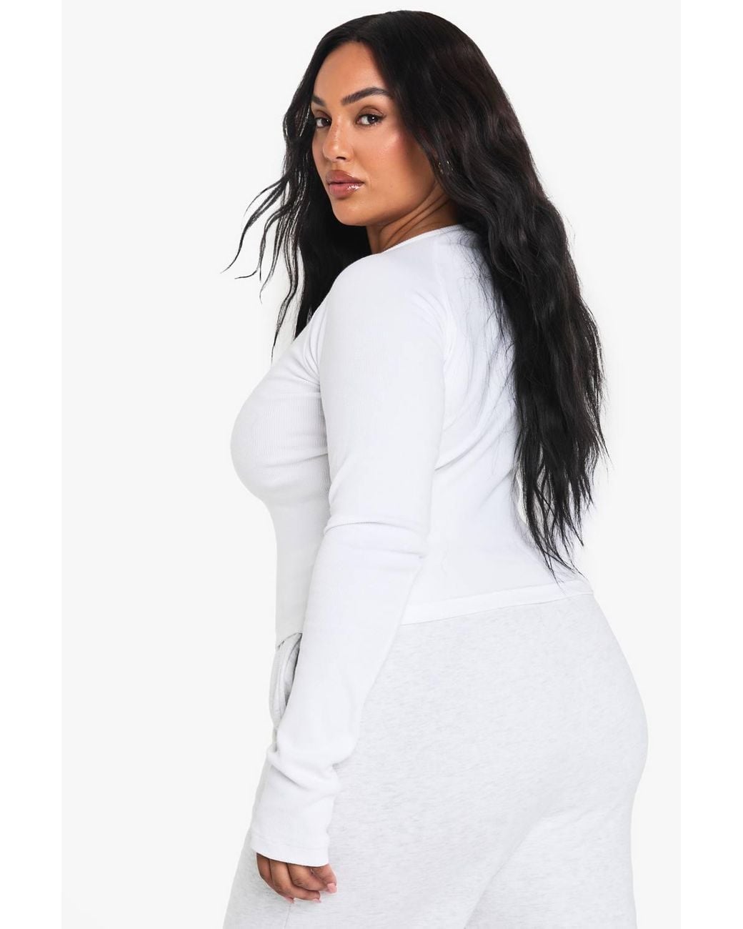 Boohoo White Plus Rib Button Through Long Sleeve Top