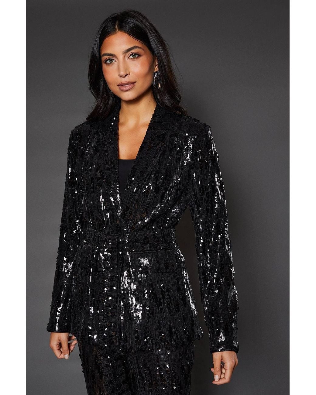 Wallis Gray Tie Belted Sequin Blazer