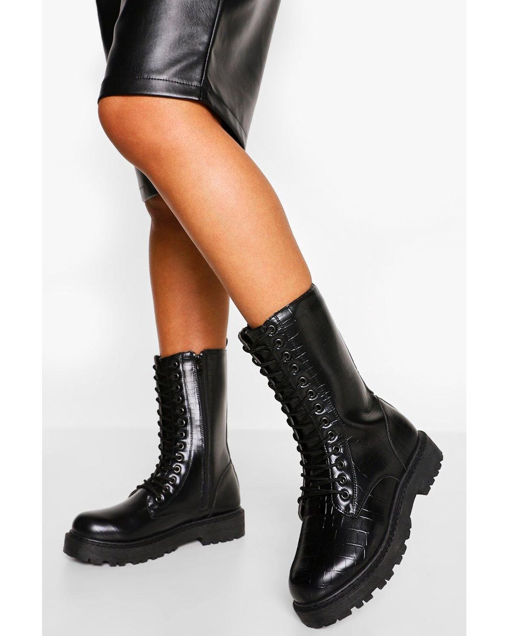 black croc calf height heeled boots