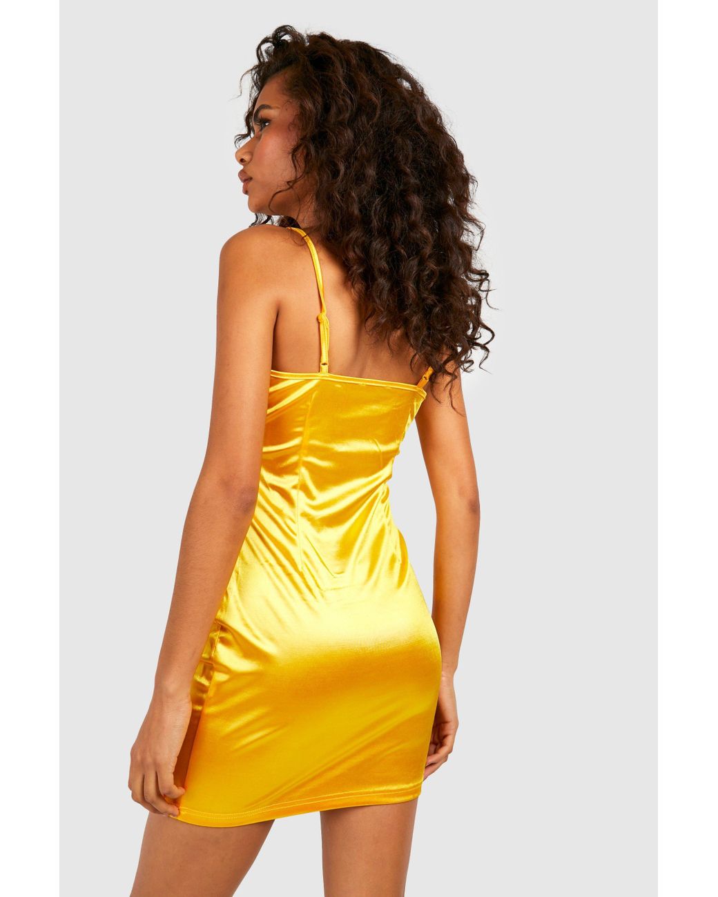 Boohoo Satin Cowl Front Bodycon Dress in Yellow | Lyst