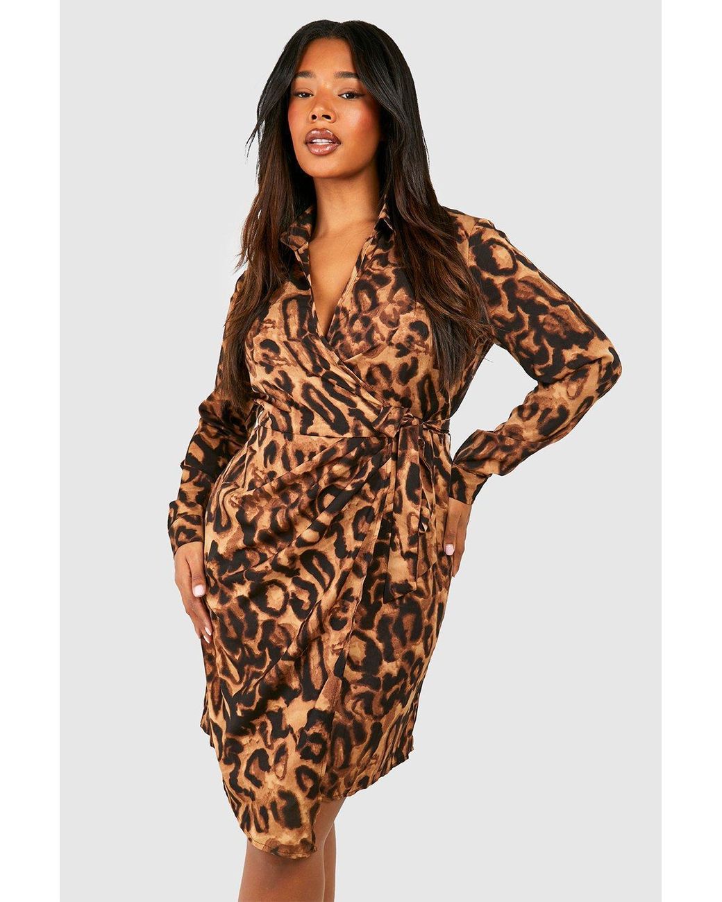 Boohoo leopard print wrap hotsell dress