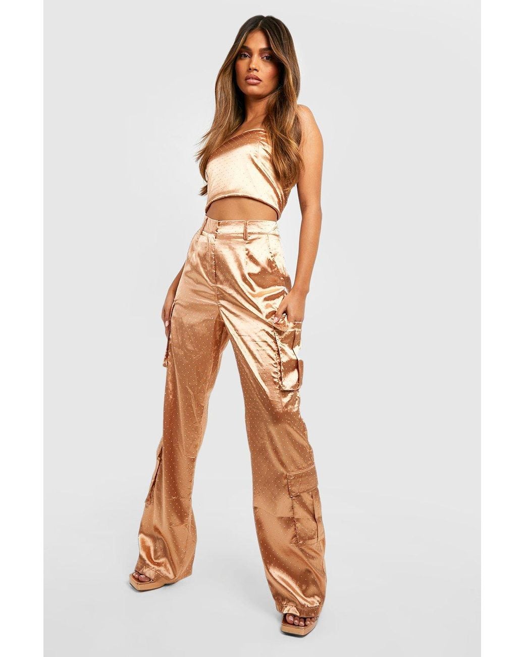 Boohoo Diamante Satin Wide Leg Cargo Pants in White | Lyst