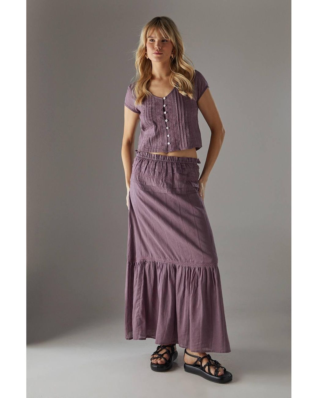 Warehouse Purple Cotton Dobby Button Through Boho Crop Top