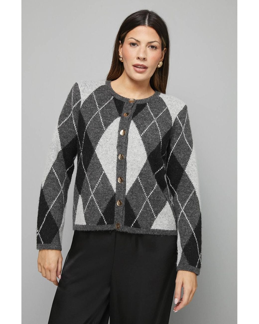 Wallis Gray Argyle Cardigan