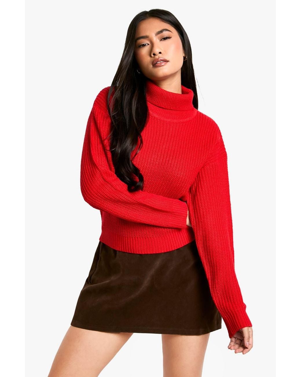 Boohoo Red Basic Roll Neck Crop Sweater