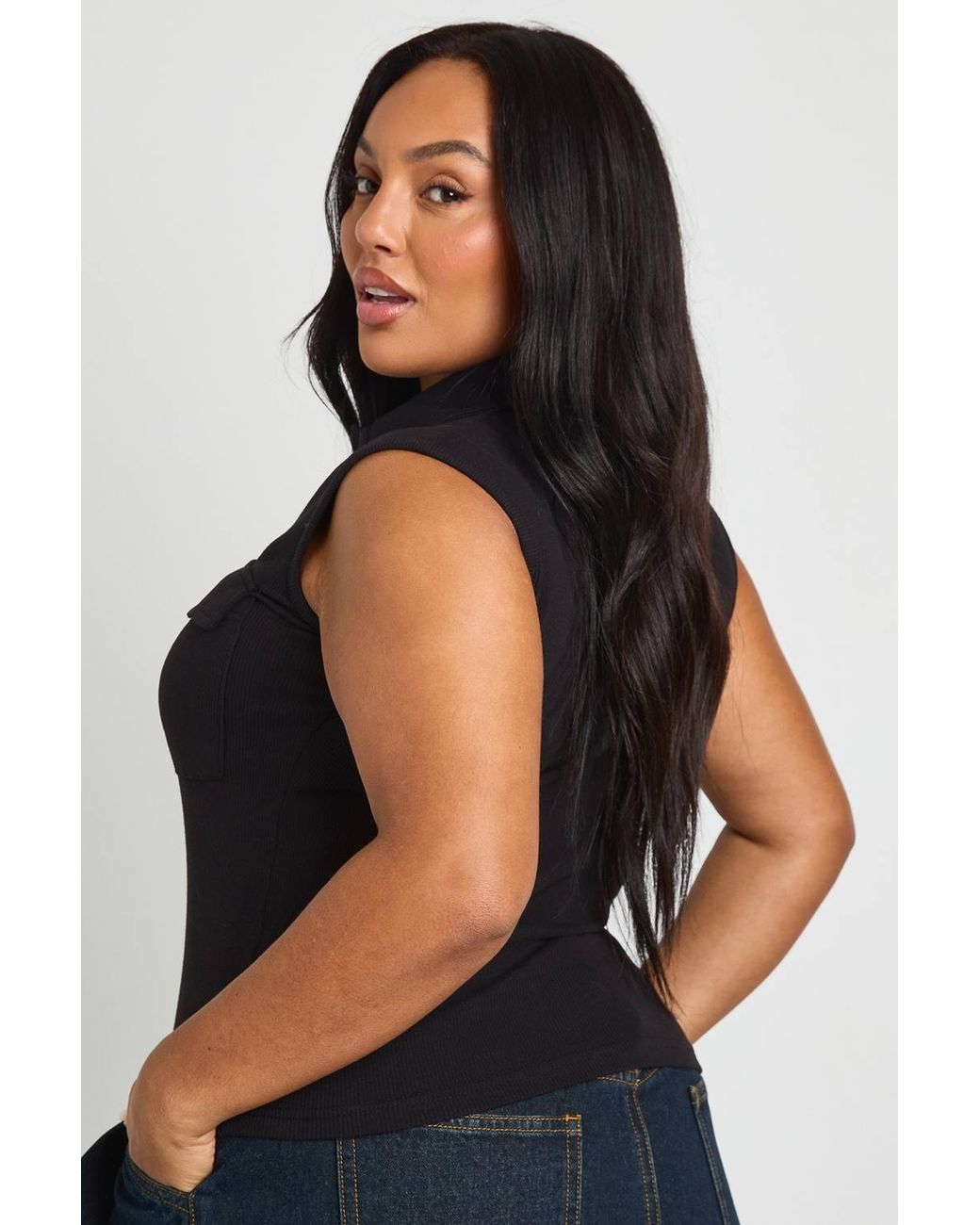 Boohoo Black Plus Collared Utility Rib Top