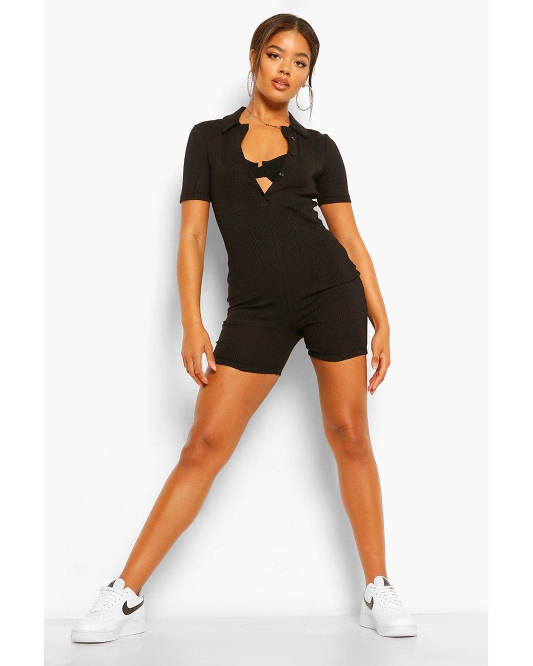 Boohoo Rib Collared Button Unitard 