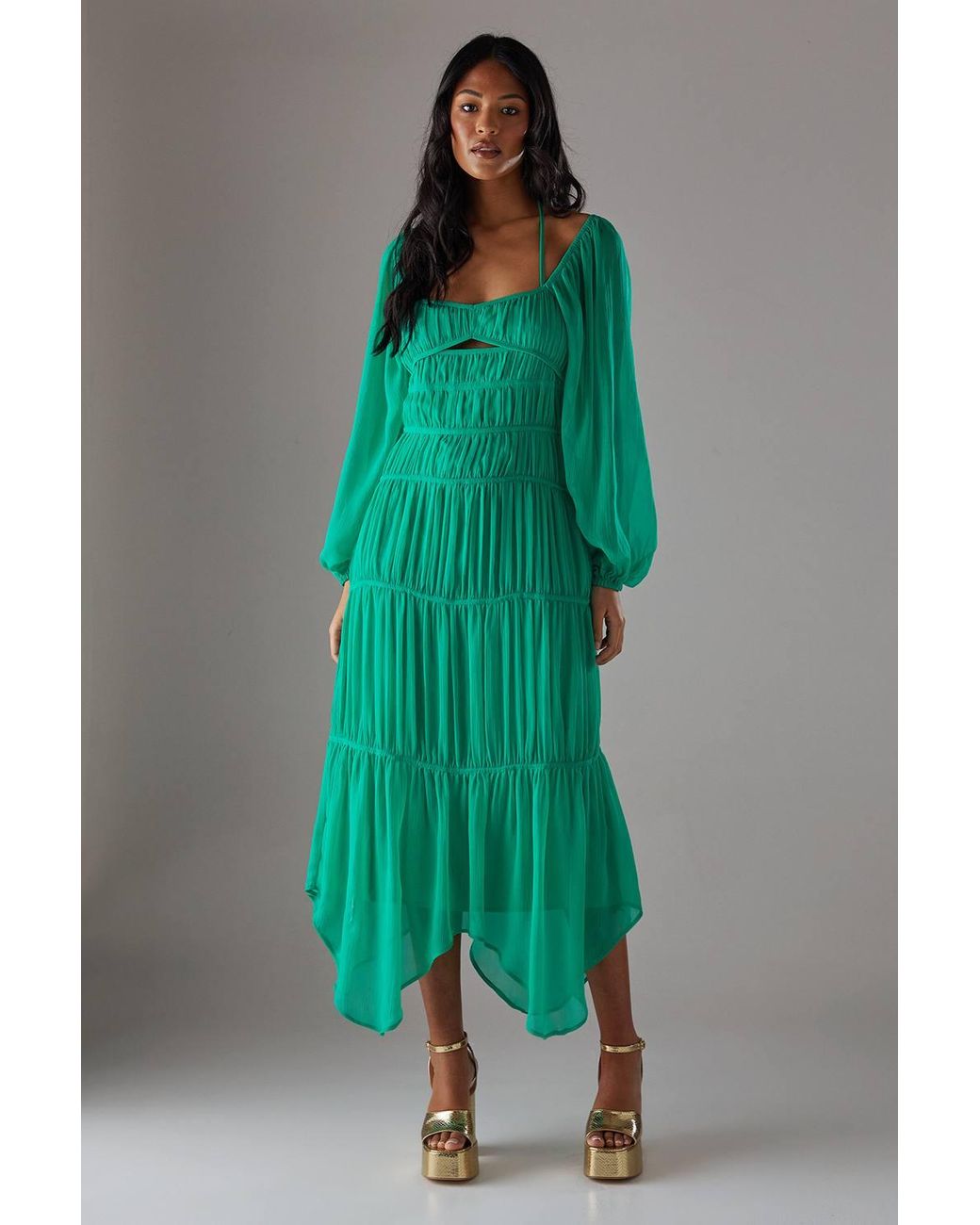 Warehouse Chiffon Gathered Seam Halter Tie Hanky Hem Midi Dress in Green |  Lyst