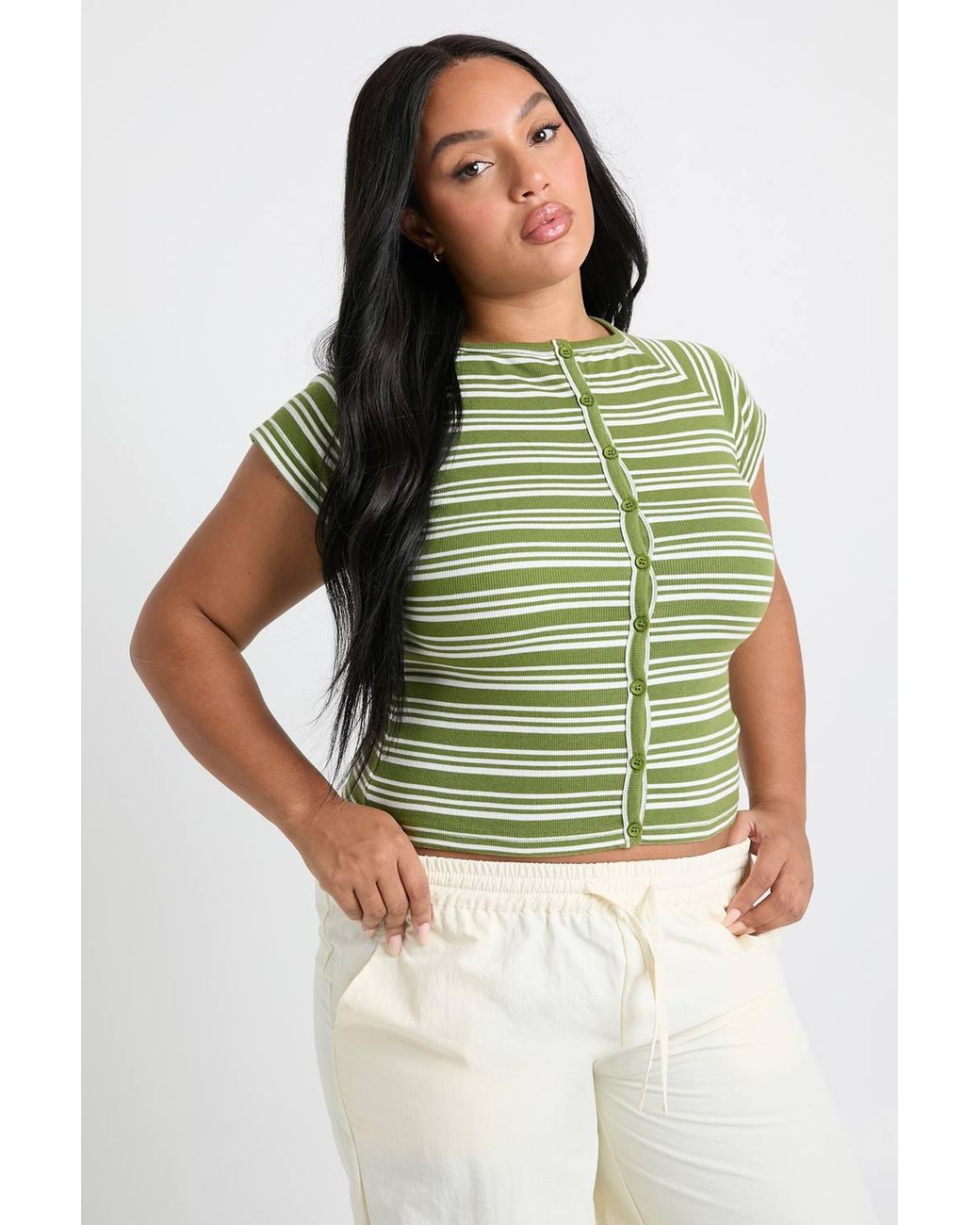 Boohoo Green Plus Stripe Button Down Cap Sleeve Top