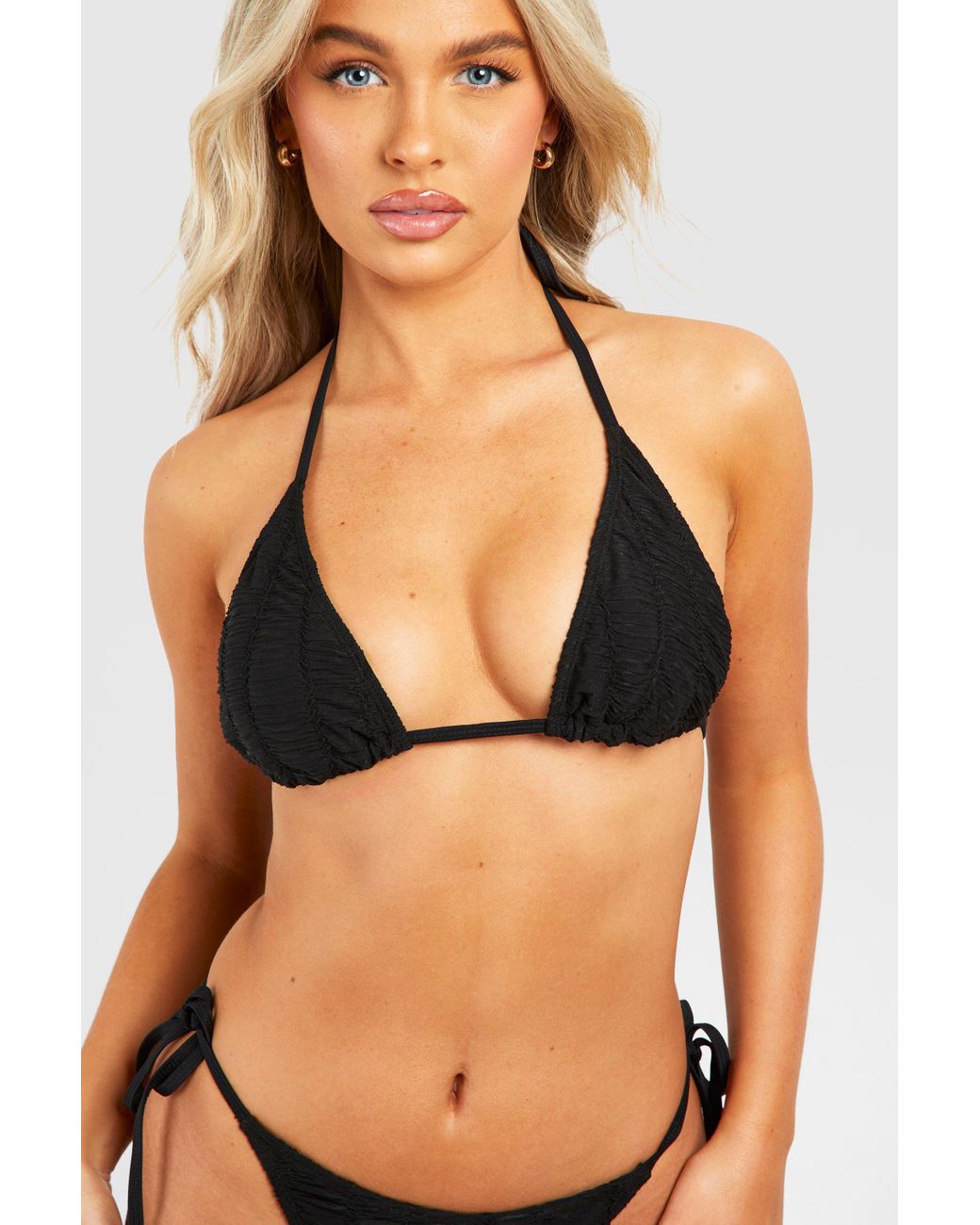 Boohoo Textured Triangle Bikini Top in Black