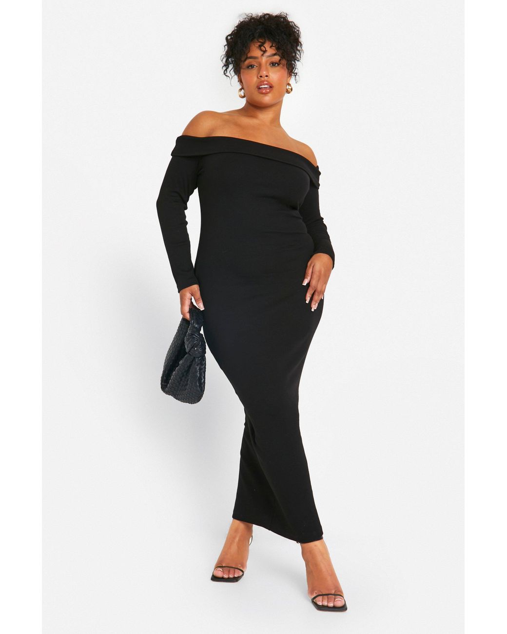 Boohoo Black Plus Basic Rib Bardot Maxi Dress