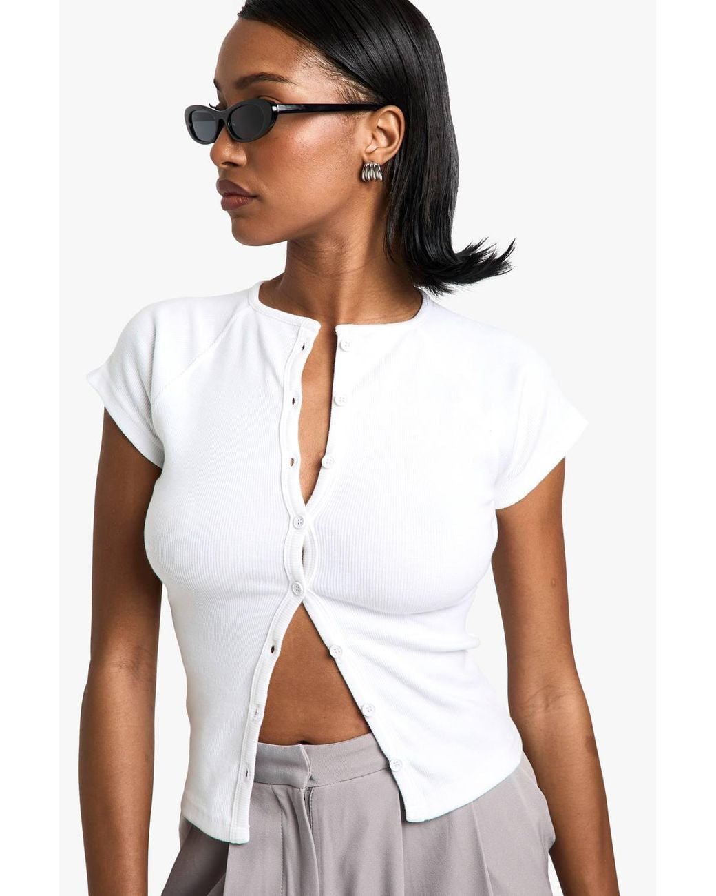 Boohoo White Rib Button Through Cap Sleeve Top