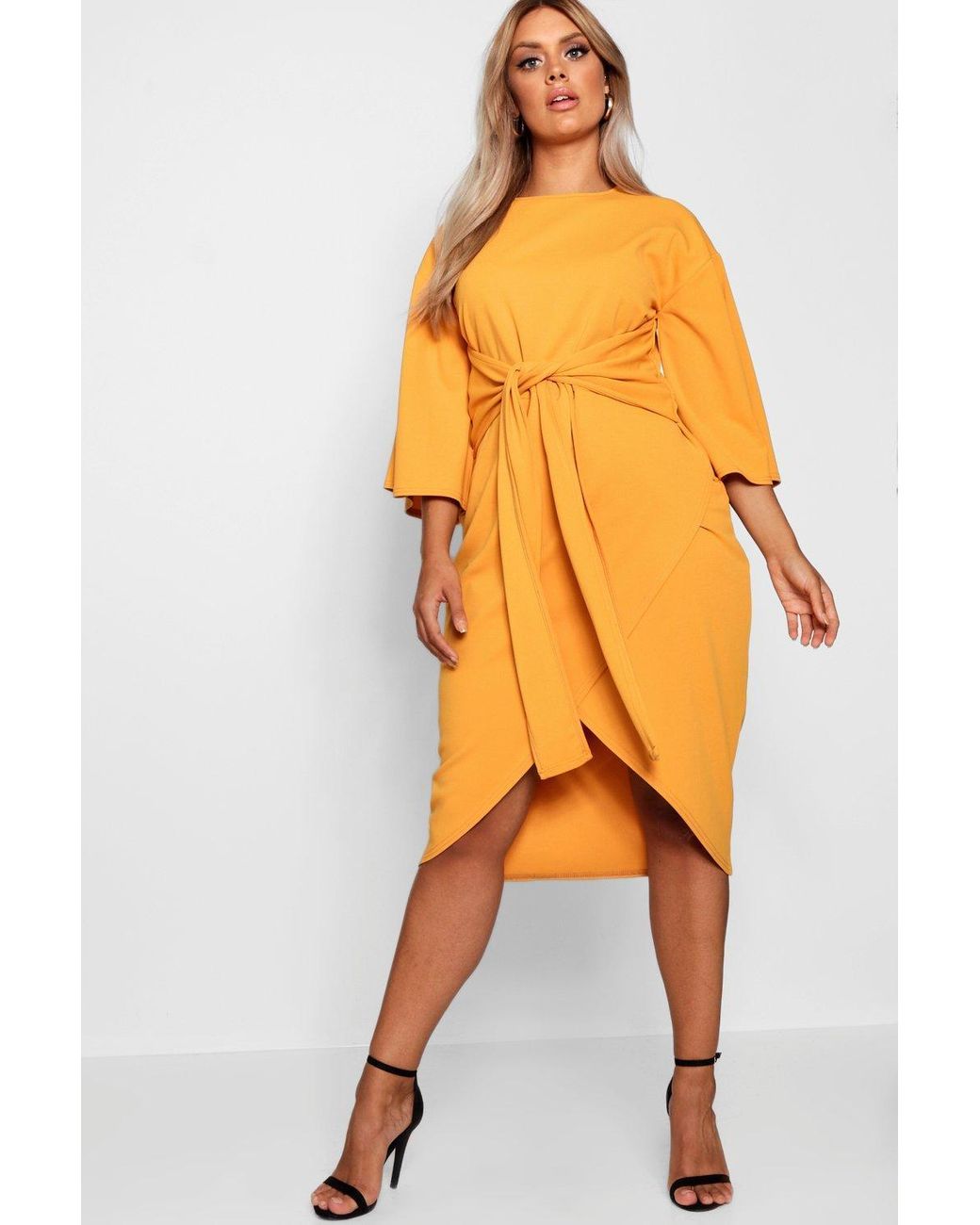 Boohoo Synthetic Plus Kimono Sleeve Wrap Over Midi Dress in Yellow (Orange)  | Lyst