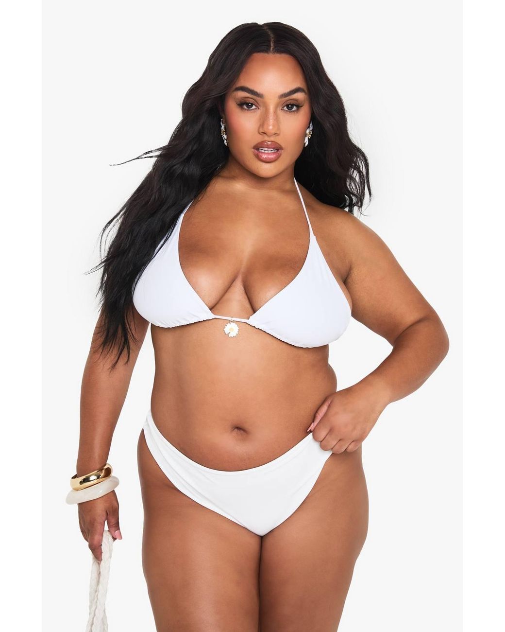 Boohoo White Plus Daisy Trim Bikini Set