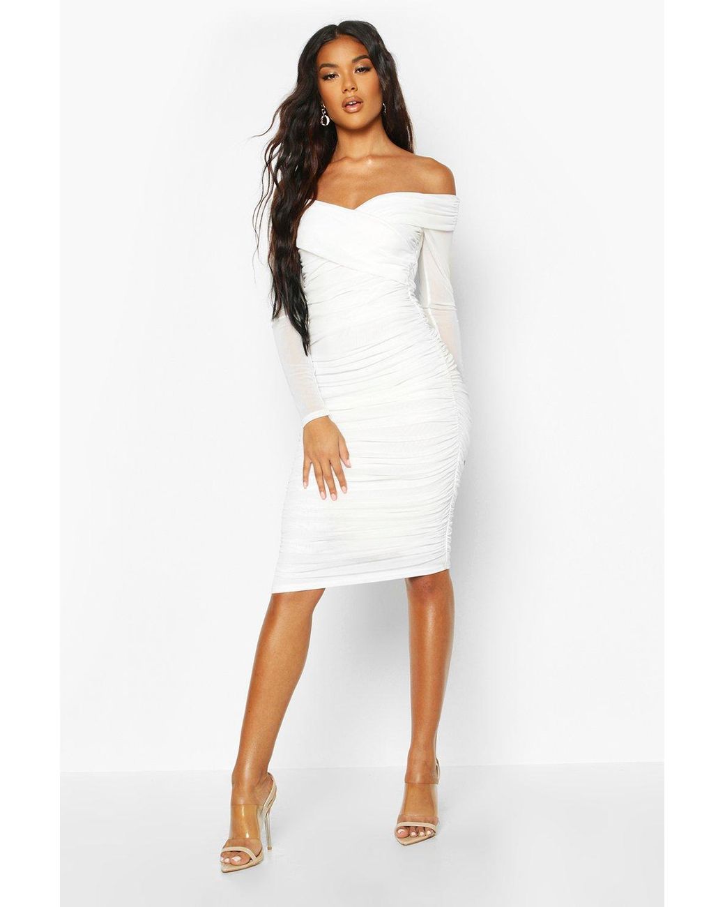Boohoo Off Shoulder Ruched Mesh Bodycon Midi Dress in White | Lyst