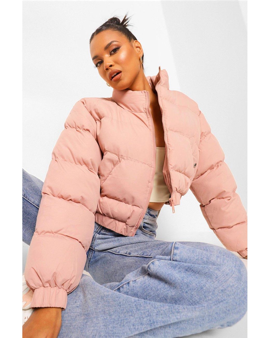 pink crop puffer jacket