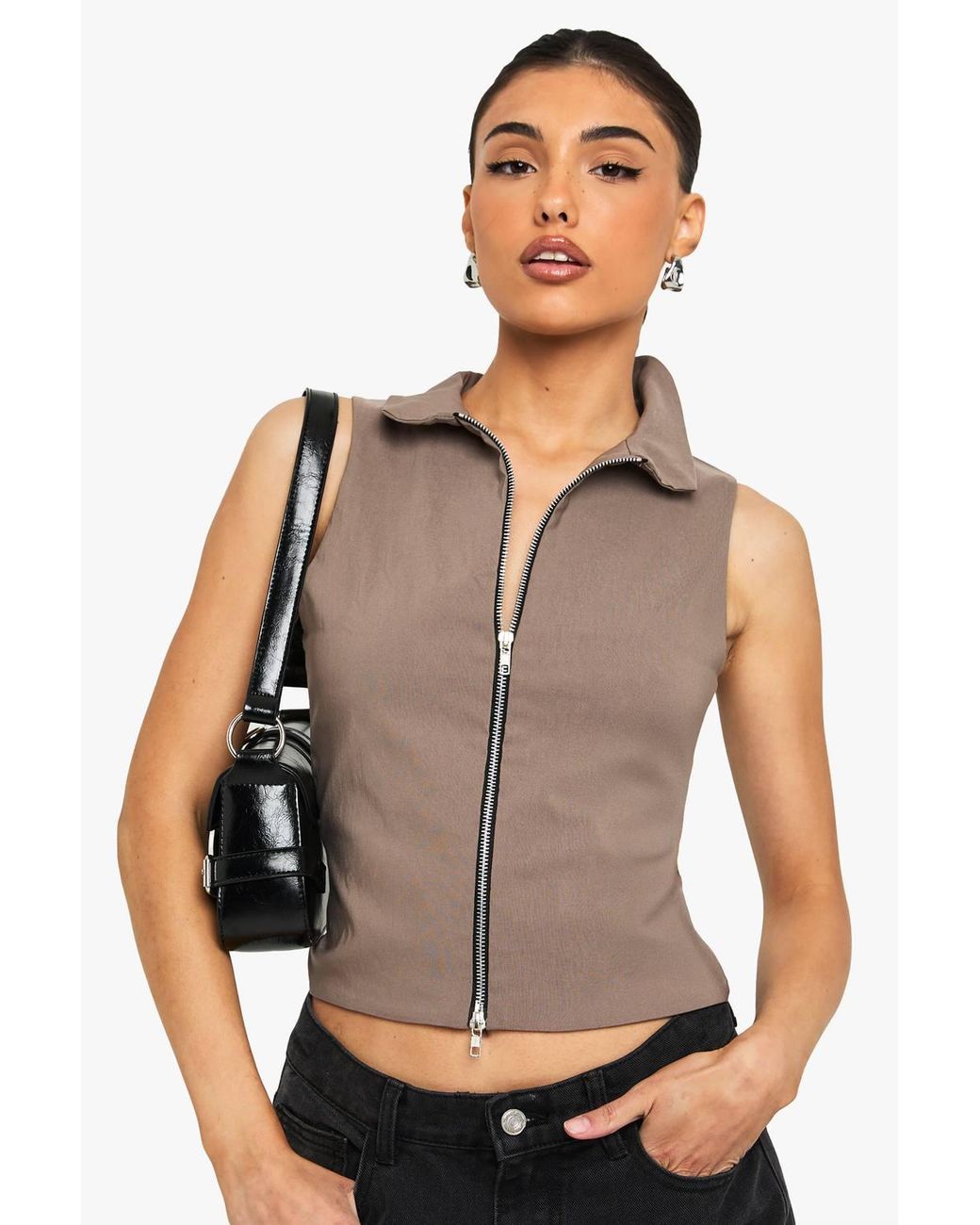 Boohoo Gray Bengaline Double Zip Collared Top