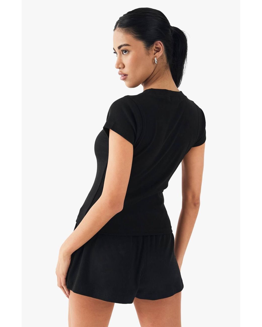 DSGN Studio Black Square Script Embroidered Rib Fitted Top