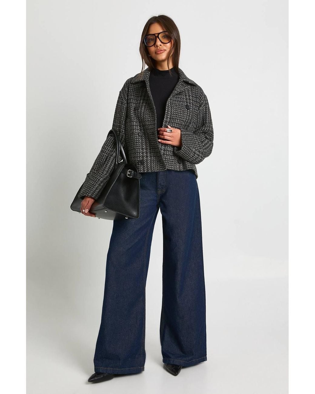 Boohoo Blue Double Breasted Wool Look Herringbone Jacket