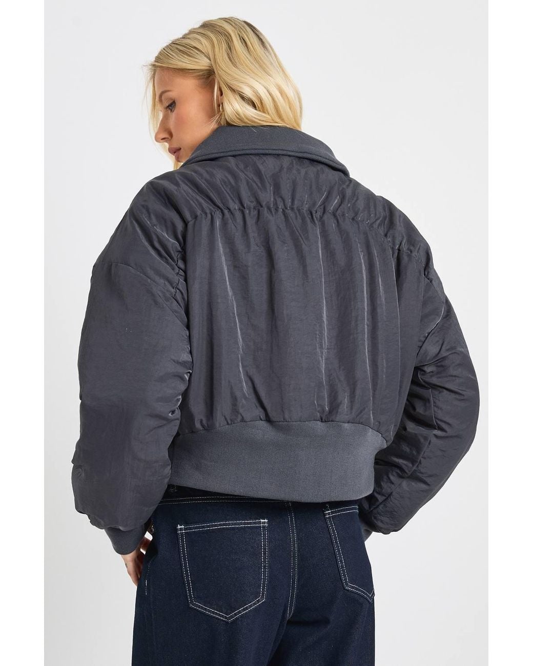 Boohoo Blue Ruched Bomber Jacket