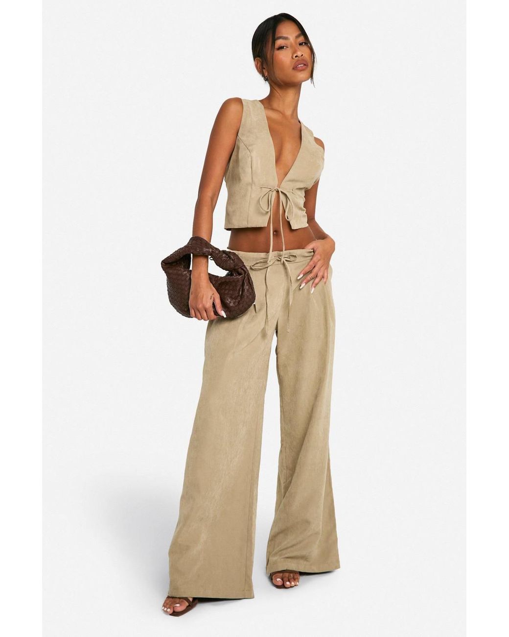 Boohoo Natural Drawstring Wide Leg Pants