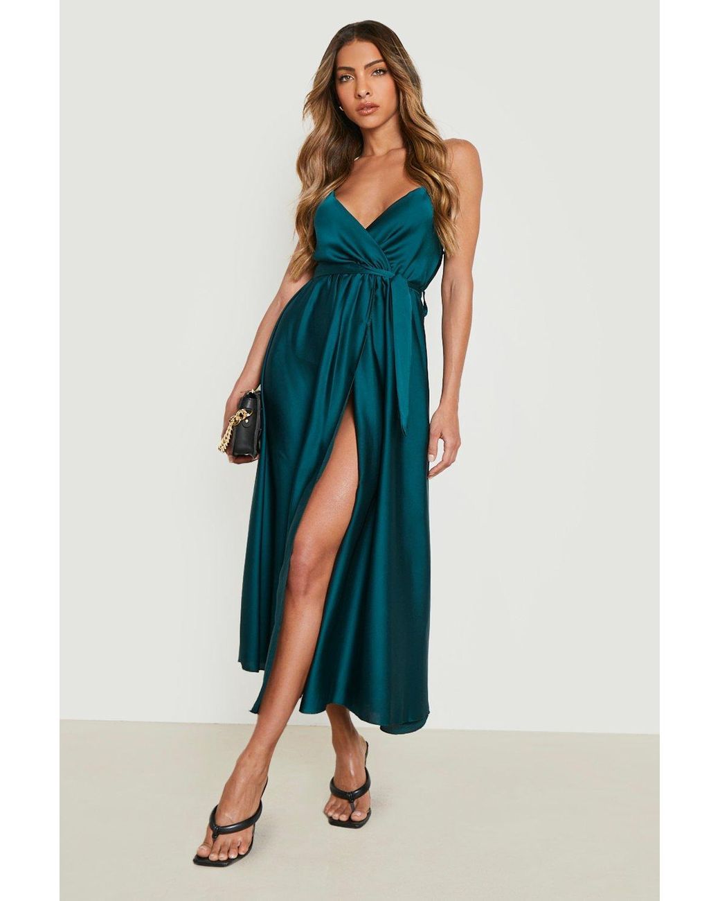 Boohoo Satin Wrap Self Belted Maxi Dress in Green | Lyst