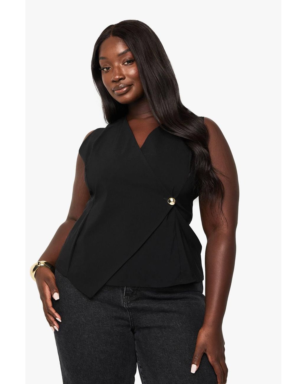 Boohoo Black Plus Wrap Front Button Waistcoat