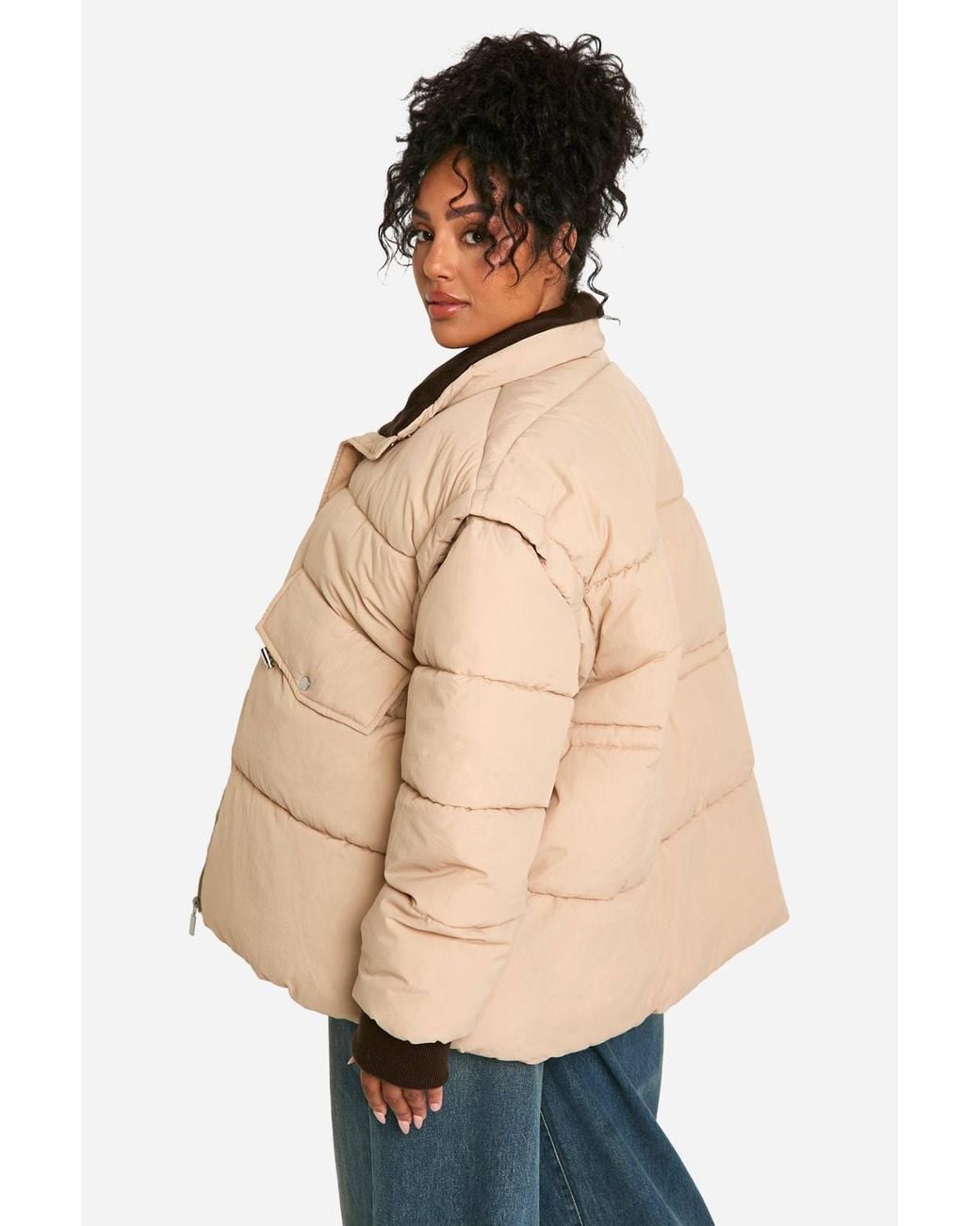Boohoo Natural Plus Contrast Collar Oversized Puffer Jacket