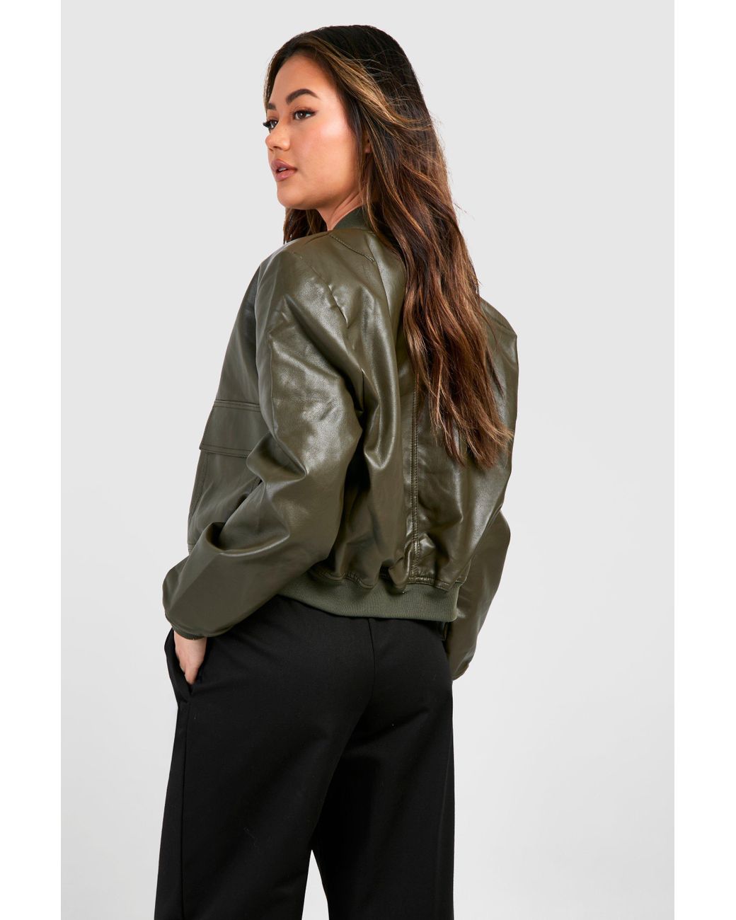 Boohoo Pocket Detail Faux Leather Bomber Jacket in Brown