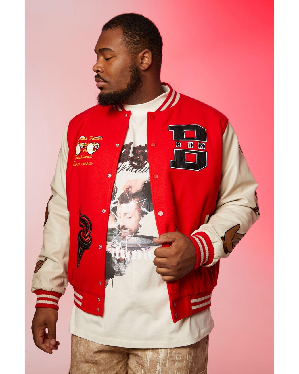 Boohoo Plus Limited Edition Hand Varsity Jacket in Red | Lyst