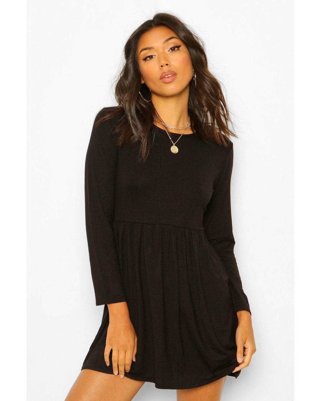 Boohoo Long Sleeve Smock Dress in Black Lyst